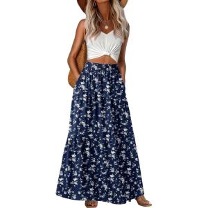 imageGRECERELLE Womens Boho Maxi Skirt Elastic High Waist Tiered ALine Casual Summer Flowy Asymmetric Long Skirts with PocketsBlue Small Flower