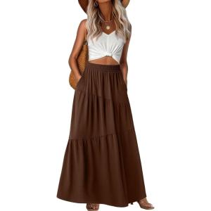 imageGRECERELLE Womens Boho Maxi Skirt Elastic High Waist Tiered ALine Casual Summer Flowy Asymmetric Long Skirts with PocketsBrown
