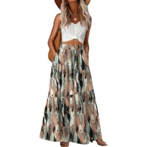 imageGRECERELLE Womens Boho Maxi Skirt Elastic High Waist Tiered ALine Casual Summer Flowy Asymmetric Long Skirts with PocketsCamou Green Pink