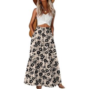imageGRECERELLE Womens Boho Maxi Skirt Elastic High Waist Tiered ALine Casual Summer Flowy Asymmetric Long Skirts with PocketsKhaki Black Flower