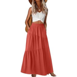 imageGRECERELLE Womens Boho Maxi Skirt Elastic High Waist Tiered ALine Casual Summer Flowy Asymmetric Long Skirts with PocketsLiving Coral