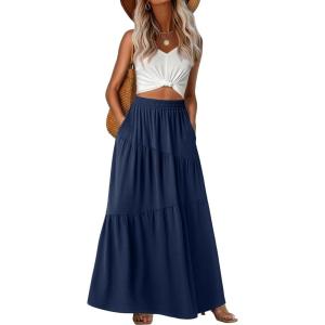imageGRECERELLE Womens Boho Maxi Skirt Elastic High Waist Tiered ALine Casual Summer Flowy Asymmetric Long Skirts with PocketsNavy Blue