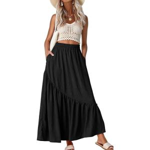 imageGRECERELLE Womens Boho Maxi Skirt High Waist Pleated ALine Flowy Swing Asymmetric Tiered Long Skirts with PocketsBlack