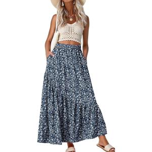 imageGRECERELLE Womens Boho Maxi Skirt High Waist Pleated ALine Flowy Swing Asymmetric Tiered Long Skirts with PocketsBlue White Flower