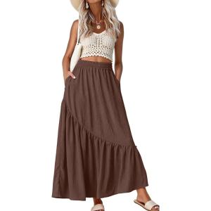 imageGRECERELLE Womens Boho Maxi Skirt High Waist Pleated ALine Flowy Swing Asymmetric Tiered Long Skirts with PocketsBrown