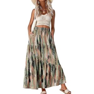 imageGRECERELLE Womens Boho Maxi Skirt High Waist Pleated ALine Flowy Swing Asymmetric Tiered Long Skirts with PocketsCamou Green Pink