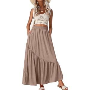 imageGRECERELLE Womens Boho Maxi Skirt High Waist Pleated ALine Flowy Swing Asymmetric Tiered Long Skirts with PocketsCoffee Gray