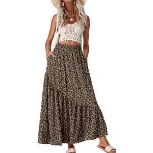 imageGRECERELLE Womens Boho Maxi Skirt High Waist Pleated ALine Flowy Swing Asymmetric Tiered Long Skirts with PocketsLd Khaki