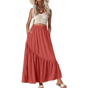 imageGRECERELLE Womens Boho Maxi Skirt High Waist Pleated ALine Flowy Swing Asymmetric Tiered Long Skirts with PocketsLiving Coral