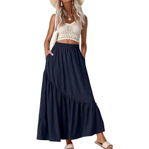 imageGRECERELLE Womens Boho Maxi Skirt High Waist Pleated ALine Flowy Swing Asymmetric Tiered Long Skirts with PocketsNavy Blue