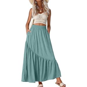 imageGRECERELLE Womens Boho Maxi Skirt High Waist Pleated ALine Flowy Swing Asymmetric Tiered Long Skirts with PocketsSea Green