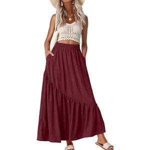 imageGRECERELLE Womens Boho Maxi Skirt High Waist Pleated ALine Flowy Swing Asymmetric Tiered Long Skirts with PocketsWine Red
