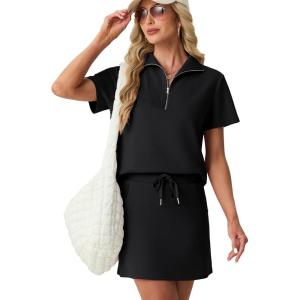imageGRECERELLE Womens Summer 2 Piece Skort Set Half Zip Short Sleeve Top amp Pocketed Tennis Skirt For Sports amp VacationsBlack