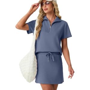 imageGRECERELLE Womens Summer 2 Piece Skort Set Half Zip Short Sleeve Top amp Pocketed Tennis Skirt For Sports amp VacationsDenim Blue