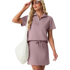 imageGRECERELLE Womens Summer 2 Piece Skort Set Half Zip Short Sleeve Top amp Pocketed Tennis Skirt For Sports amp VacationsRose Brown