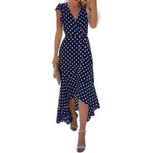 imageGRECERELLE 2026 Womens Spring Summer Boho Floral Print VNeck Faux Wrap Maxi Dress for Wedding Guest Graduation Party01 Polka Dotsnavy Blue