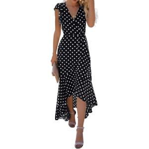 imageGRECERELLE 2026 Womens Spring Summer Boho Floral Print VNeck Faux Wrap Maxi Dress for Wedding Guest Graduation Party05 Polka Dotsblack