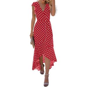 imageGRECERELLE 2026 Womens Spring Summer Boho Floral Print VNeck Faux Wrap Maxi Dress for Wedding Guest Graduation Party09 Polka Dotsred