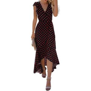 imageGRECERELLE 2026 Womens Spring Summer Boho Floral Print VNeck Faux Wrap Maxi Dress for Wedding Guest Graduation Party12 Polka Dotsred Black