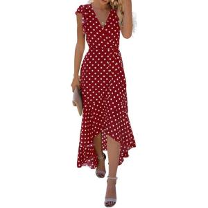 imageGRECERELLE 2026 Womens Spring Summer Boho Floral Print VNeck Faux Wrap Maxi Dress for Wedding Guest Graduation Party14 Polka Dotswine Red