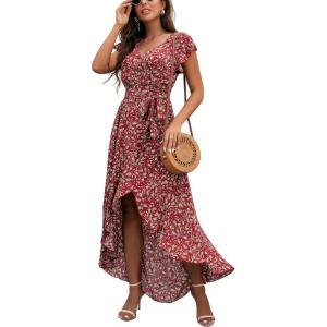 imageGRECERELLE 2026 Womens Spring Summer Boho Floral Print VNeck Faux Wrap Maxi Dress for Wedding Guest Graduation Party15 Fp Cockscomb Flower