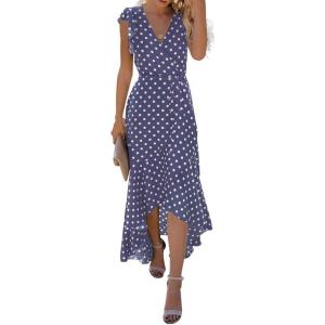 imageGRECERELLE 2026 Womens Spring Summer Boho Floral Print VNeck Faux Wrap Maxi Dress for Wedding Guest Graduation Party17 Polka Dotspurple Gray