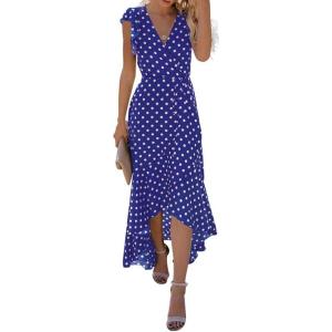 imageGRECERELLE 2026 Womens Spring Summer Boho Floral Print VNeck Faux Wrap Maxi Dress for Wedding Guest Graduation Party18 Polka Dotsroyal Blue