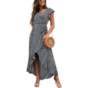 imageGRECERELLE 2026 Womens Spring Summer Boho Floral Print VNeck Faux Wrap Maxi Dress for Wedding Guest Graduation Party20 Fp Jasmine Navy
