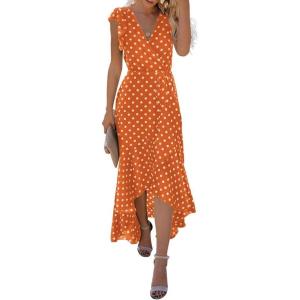 imageGRECERELLE 2026 Womens Spring Summer Boho Floral Print VNeck Faux Wrap Maxi Dress for Wedding Guest Graduation Party21 Polka Dotsorange