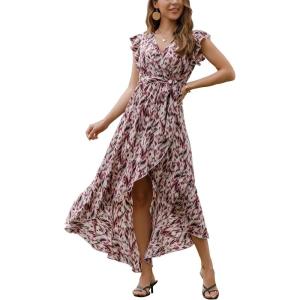 imageGRECERELLE 2026 Womens Spring Summer Boho Floral Print VNeck Faux Wrap Maxi Dress for Wedding Guest Graduation Party40 Fp Brindle Purple Gray