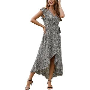 imageGRECERELLE 2026 Womens Spring Summer Boho Floral Print VNeck Faux Wrap Maxi Dress for Wedding Guest Graduation PartyFloret Black