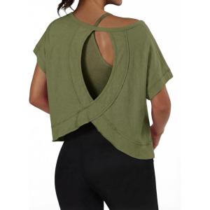 imageGRECERELLE Womens Open Back Workout Tops Backless Athletic Shirts Casual Crop Running Tee Y2k YogaArmy Green