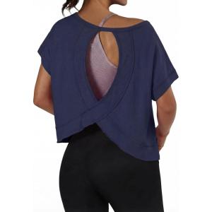 imageGRECERELLE Womens Open Back Workout Tops Backless Athletic Shirts Casual Crop Running Tee Y2k YogaNavy Blue