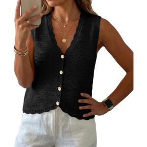 imageGRECERELLE Womens Summer Sleeveless Sweater Vest  V Neck Knit Button Down Casual Tank TopsAblack