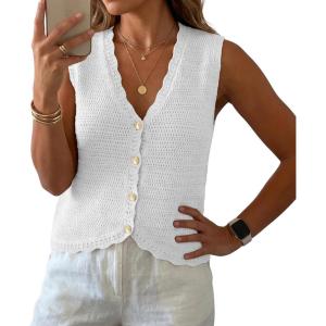 imageGRECERELLE Womens Summer Sleeveless Sweater Vest  V Neck Knit Button Down Casual Tank TopsAwhite