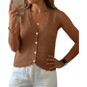 imageGRECERELLE Womens Summer Sleeveless Sweater Vest  V Neck Knit Button Down Casual Tank TopsBrown