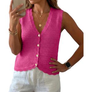 imageGRECERELLE Womens Summer Sleeveless Sweater Vest  V Neck Knit Button Down Casual Tank TopsHot Pink