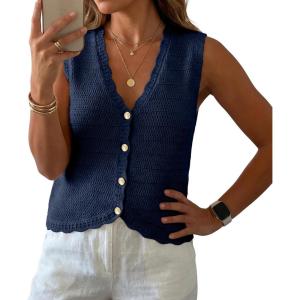 imageGRECERELLE Womens Summer Sleeveless Sweater Vest  V Neck Knit Button Down Casual Tank TopsNavy Blue