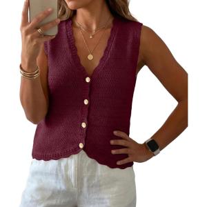 imageGRECERELLE Womens Summer Sleeveless Sweater Vest  V Neck Knit Button Down Casual Tank TopsWine Red