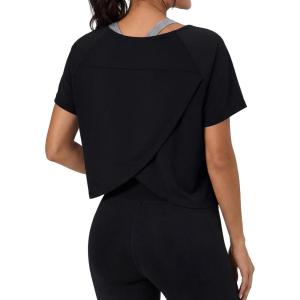 imageGRECERELLE Workout Tops for Women Short Sleeve Athletic Shirts Running Yoga Crop Gym Pilates Top Crossover Back Y2kAblack