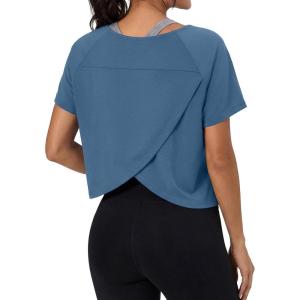 imageGRECERELLE Workout Tops for Women Short Sleeve Athletic Shirts Running Yoga Crop Gym Pilates Top Crossover Back Y2kDenim Blue