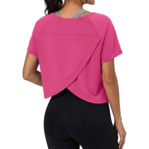 imageGRECERELLE Workout Tops for Women Short Sleeve Athletic Shirts Running Yoga Crop Gym Pilates Top Crossover Back Y2kHot Pink