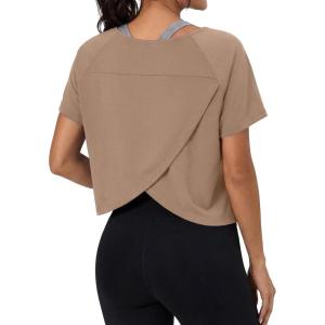 imageGRECERELLE Workout Tops for Women Short Sleeve Athletic Shirts Running Yoga Crop Gym Pilates Top Crossover Back Y2kKhaki
