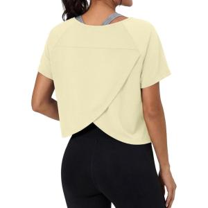 imageGRECERELLE Workout Tops for Women Short Sleeve Athletic Shirts Running Yoga Crop Gym Pilates Top Crossover Back Y2kLight Yellow
