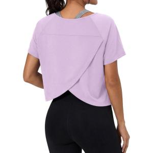 imageGRECERELLE Workout Tops for Women Short Sleeve Athletic Shirts Running Yoga Crop Gym Pilates Top Crossover Back Y2kLilac
