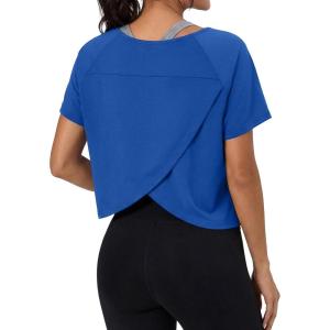 imageGRECERELLE Workout Tops for Women Short Sleeve Athletic Shirts Running Yoga Crop Gym Pilates Top Crossover Back Y2kRoyal Blue