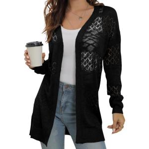 imageGRECERELLE Lightweight Cardigan Sweaters for Women Crochet Knit Open Front Long Sleeve Loose Casual Boho Summer Beach CoverupAblack