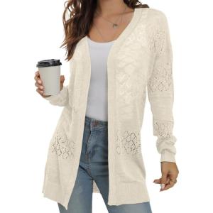 imageGRECERELLE Lightweight Cardigan Sweaters for Women Crochet Knit Open Front Long Sleeve Loose Casual Boho Summer Beach CoverupApricot