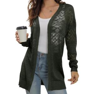 imageGRECERELLE Lightweight Cardigan Sweaters for Women Crochet Knit Open Front Long Sleeve Loose Casual Boho Summer Beach CoverupArmy Green