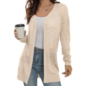 imageGRECERELLE Lightweight Cardigan Sweaters for Women Crochet Knit Open Front Long Sleeve Loose Casual Boho Summer Beach CoverupBeige